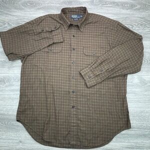 Polo Ralph Lauren GI Shirt Mens XL Brown Plaid Cotton Double Pockets Vintage 90s